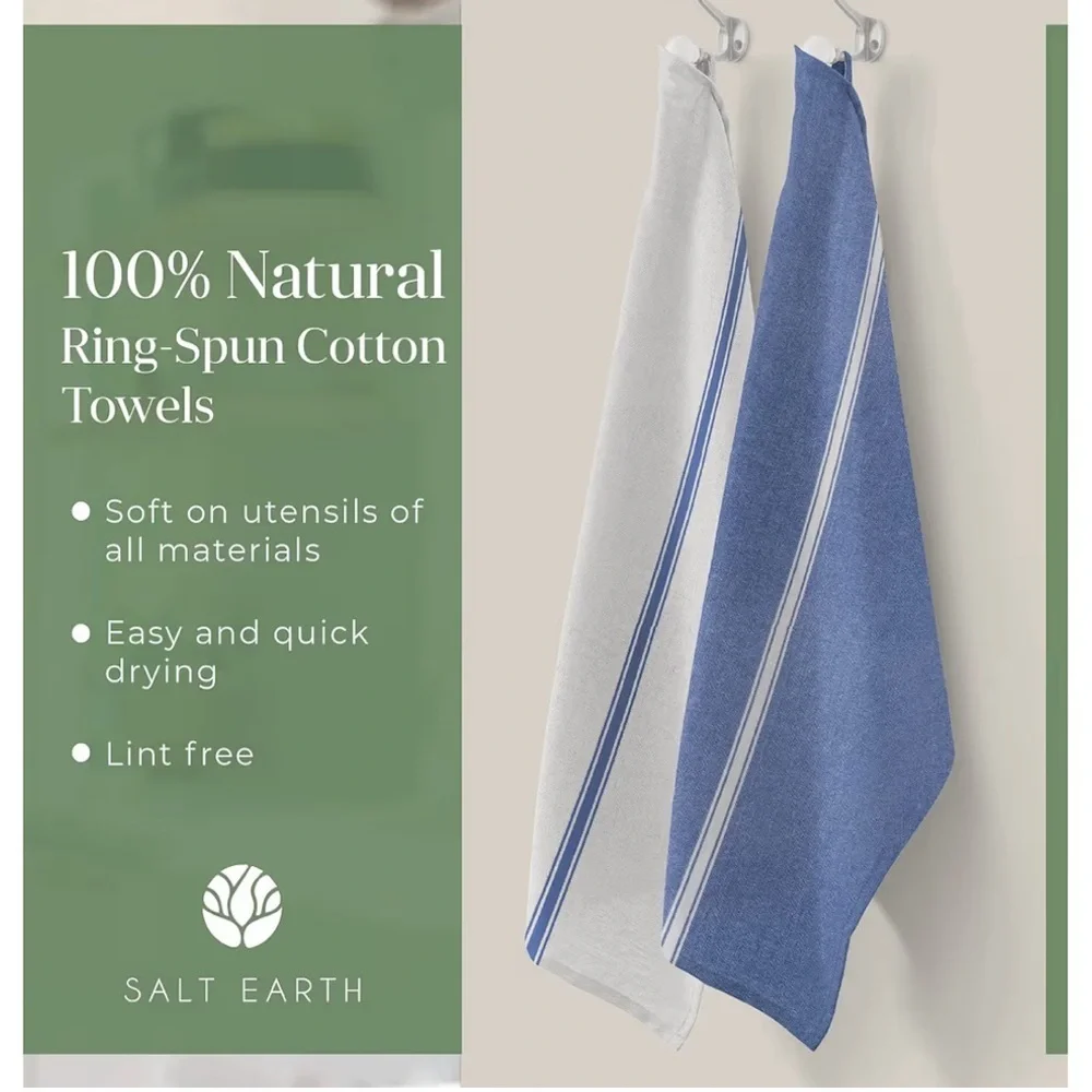 NEW Set 4 Kitchen Towels Salt Earth Cotton Blue White Herringbone